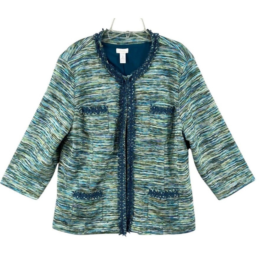 Chicos Jacket Sz 3 16 Textured Knit Blue Green Multi Color Open Front Trim